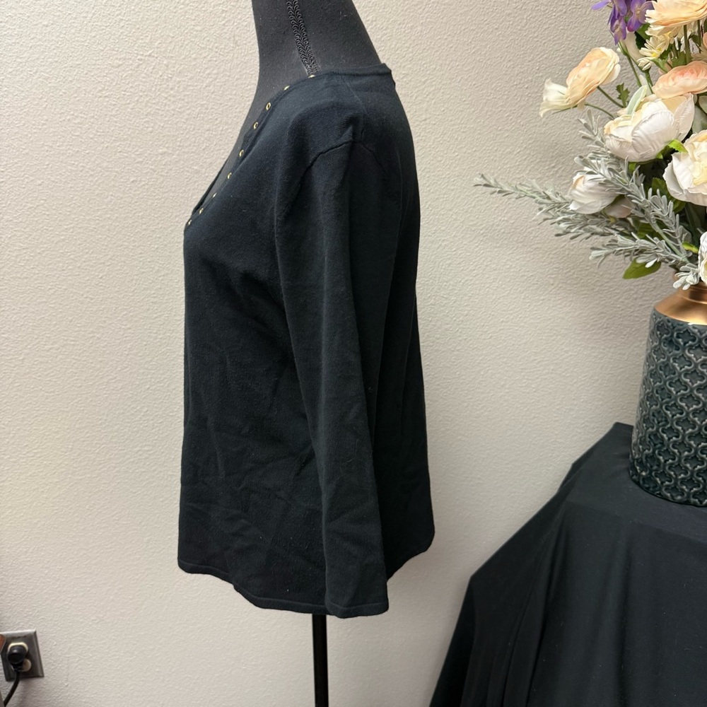 Cable & Gauge Black Scoop Neck Grommet Trim Top L 3/4 Sleeve Stretch Knit - Picture 3 of 8